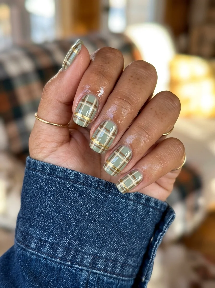 Short oval nails with a sage green base and plaid pattern created with white and gold metallic stripes.