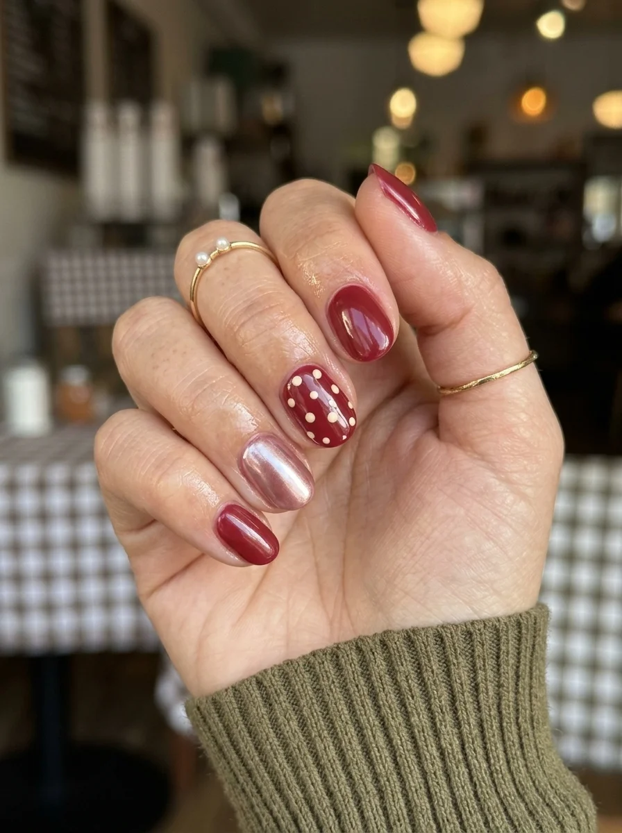 Short oval nails with deep red chrome finish, one pink chrome accent nail, and one polka dot accent nail.