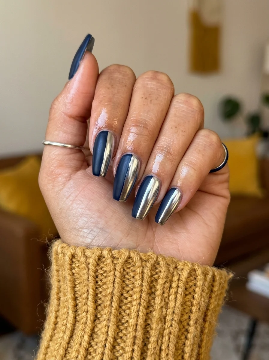 Long coffin nails with a deep navy blue chrome finish and silver chrome covering the lower half of each nail.