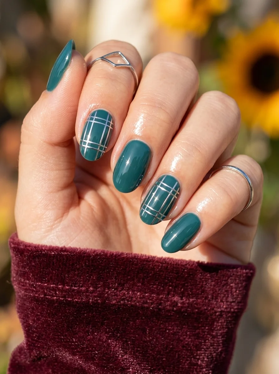 Almond nails with a deep teal base and silver plaid pattern created with thin metallic stripes.