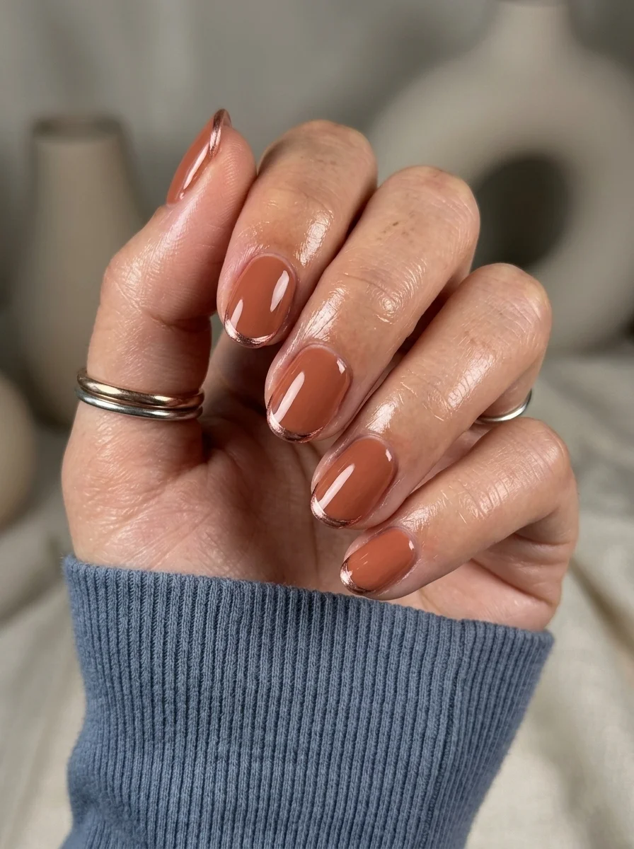 Short oval nails with a warm terracotta base and thin rose gold chrome French tips.