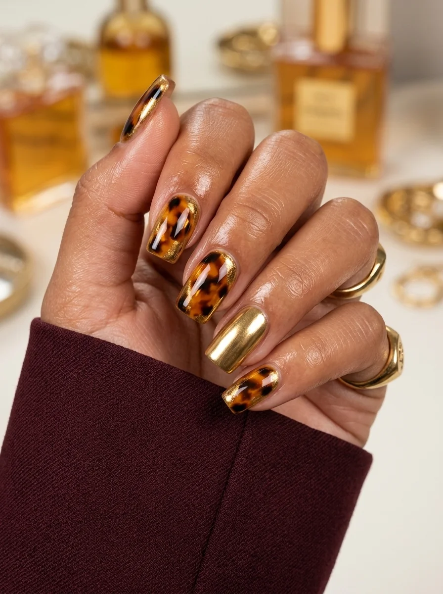 Short square nails with a tortoiseshell pattern in amber and brown tones and a gold chrome accent nail.