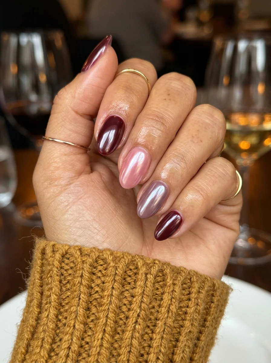 Oval nails alternating between deep burgundy chrome, pink chrome, and purple chrome finishes.