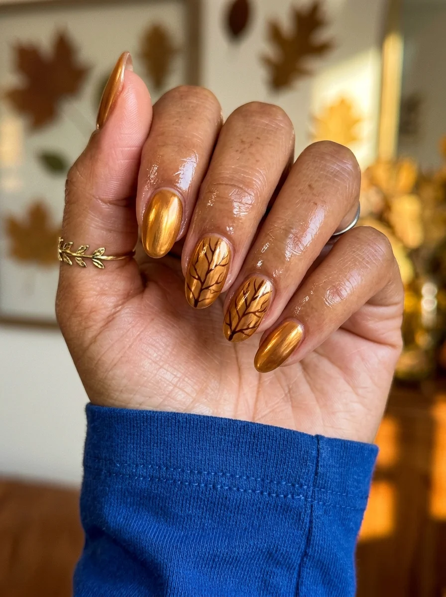 Long almond nails with a warm gold chrome finish and dark brown tree branch silhouettes painted on select nails.