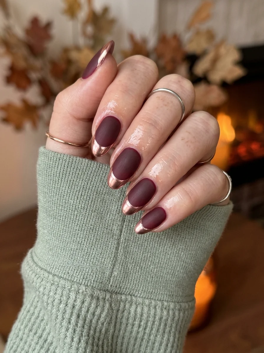 Almond nails with a matte burgundy base and rose gold chrome French tips.