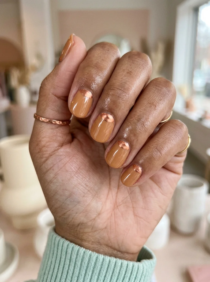 Short oval nails with a warm caramel tan base and rose gold chrome half-moon accents at the cuticle.