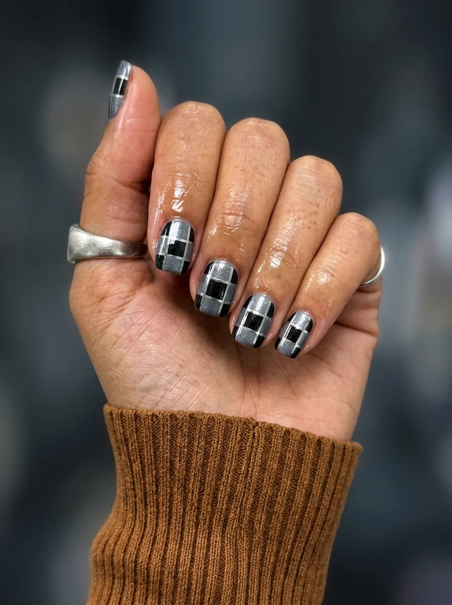 Short oval nails with a silver chrome base and black and grey plaid pattern overlay.