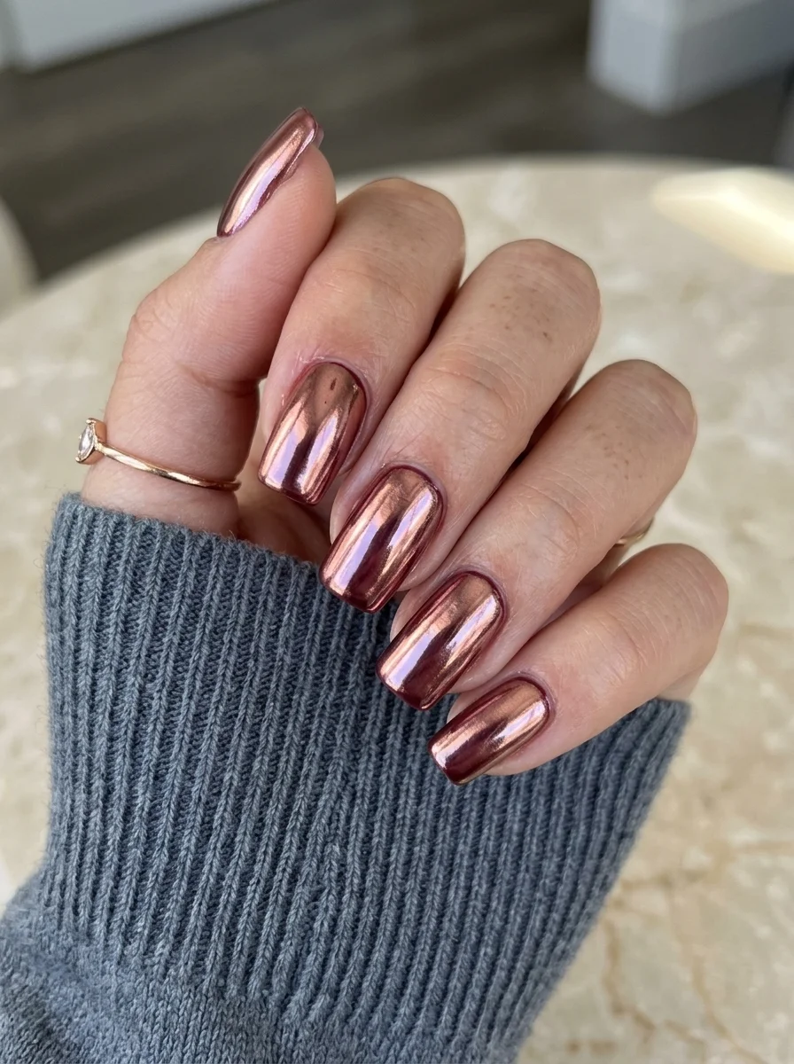 Short square nails with a rose gold chrome finish showing a subtle purple-pink color shift.