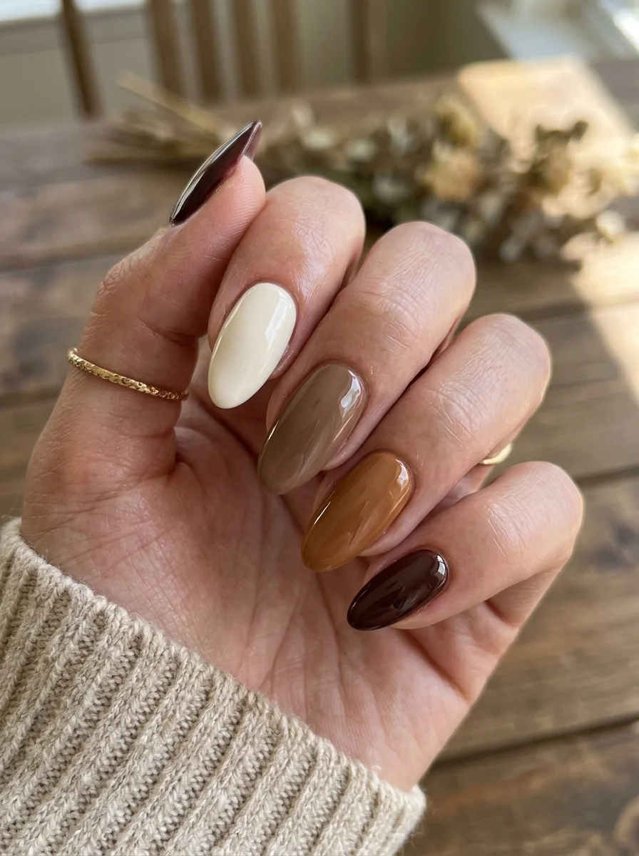 Oval nails with each nail painted a different shade of brown, creating a gradient from cream to deep chocolate across the hand.