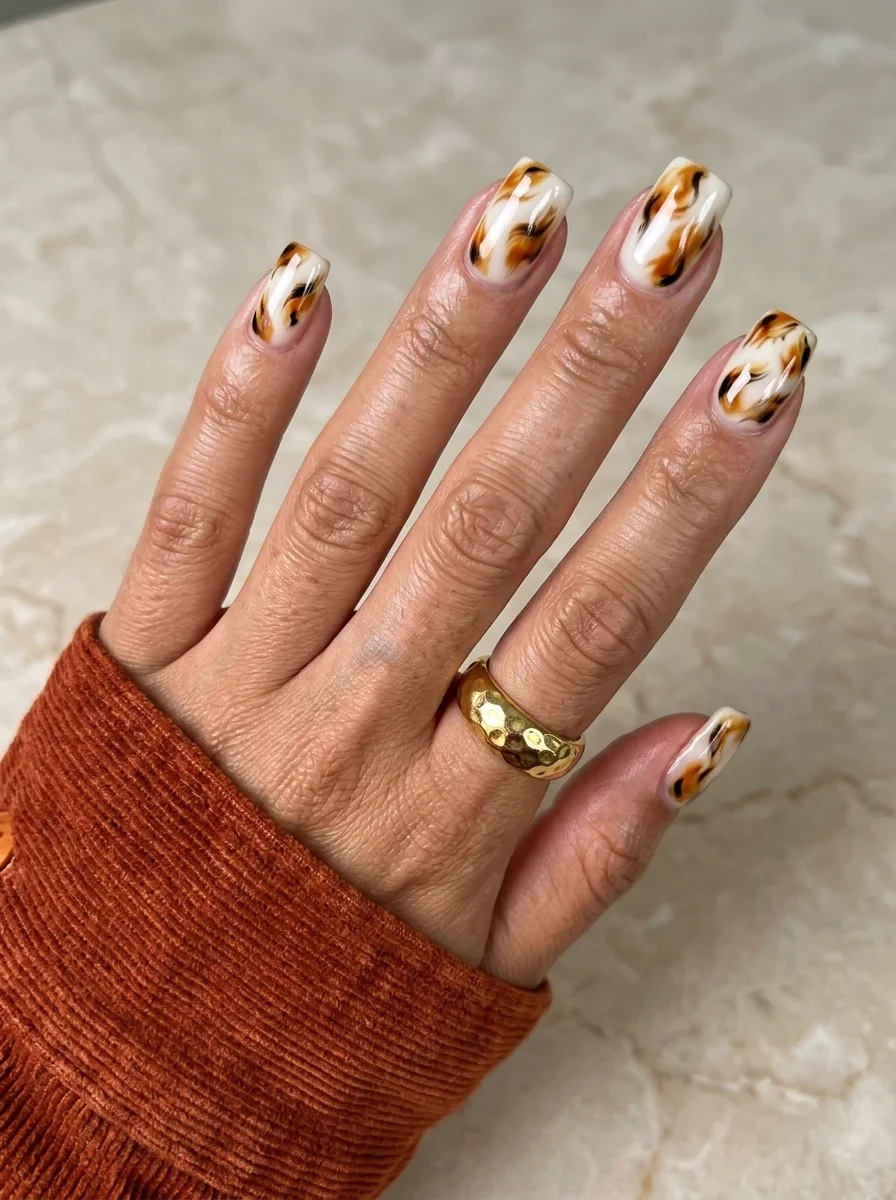 Square nails with a tortoiseshell pattern featuring swirls of white, amber, and dark brown.