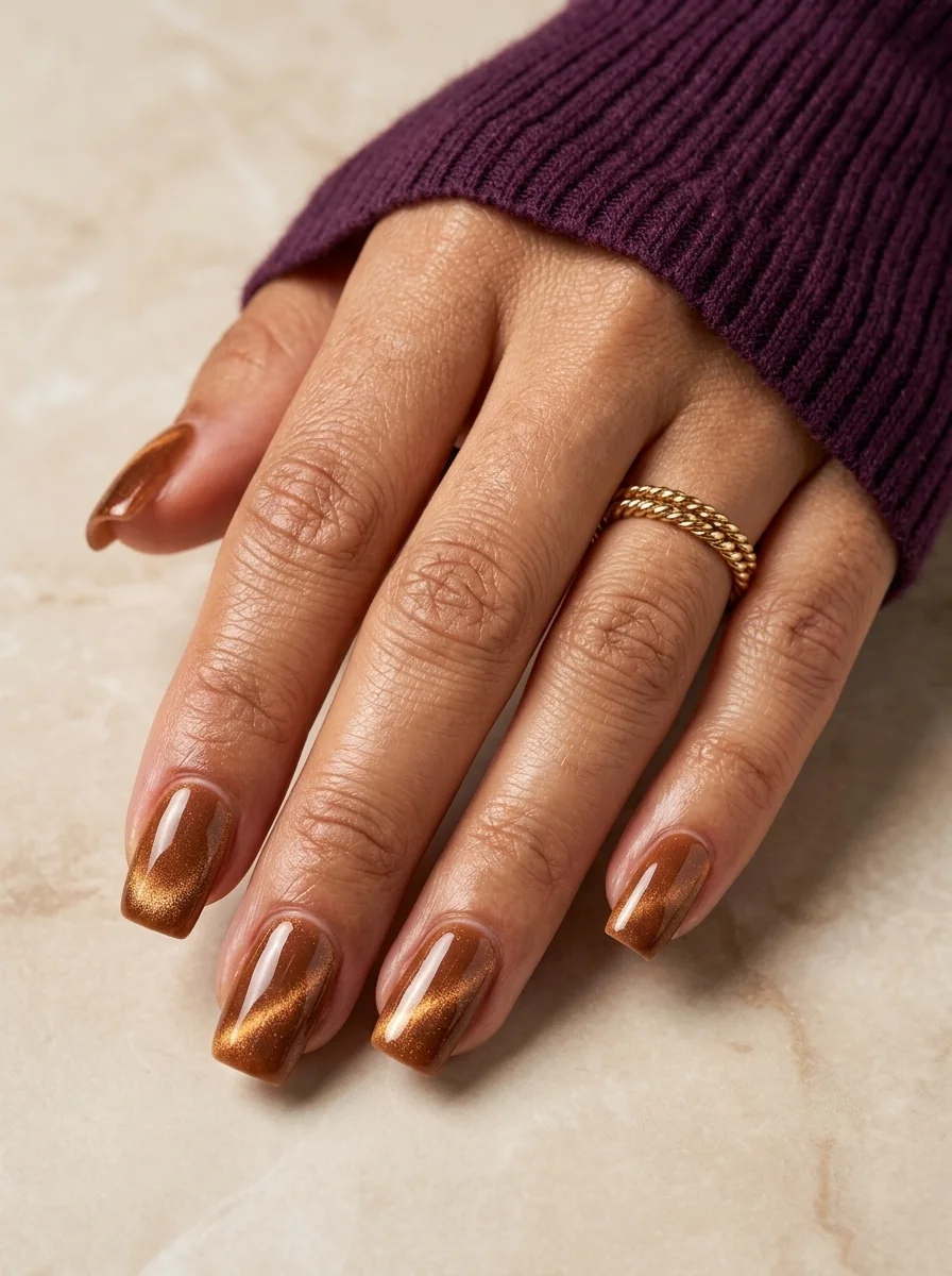 Short square nails with a warm brown or copper cat-eye magnetic polish showing a diagonal light band.