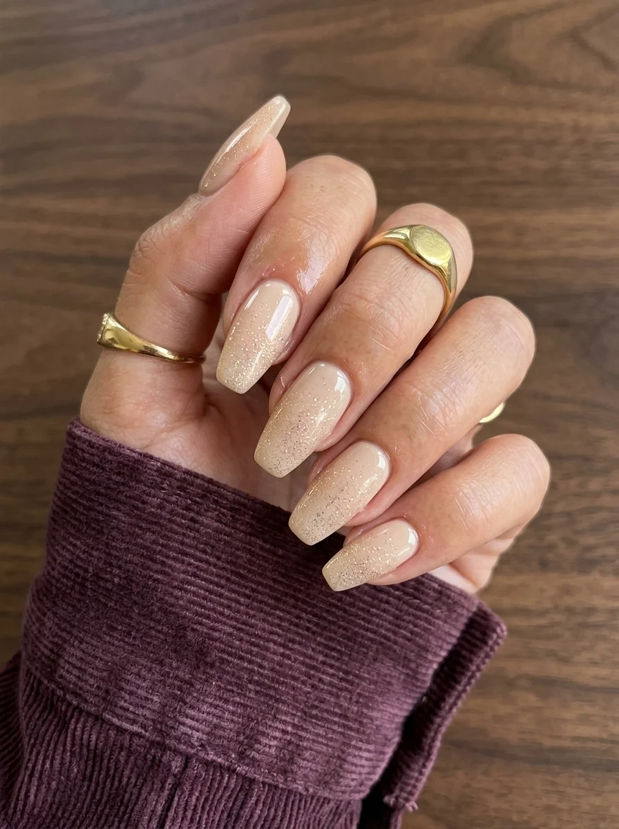 Long coffin nails with a nude beige base and gold glitter concentrated at the tips, fading toward the cuticle.