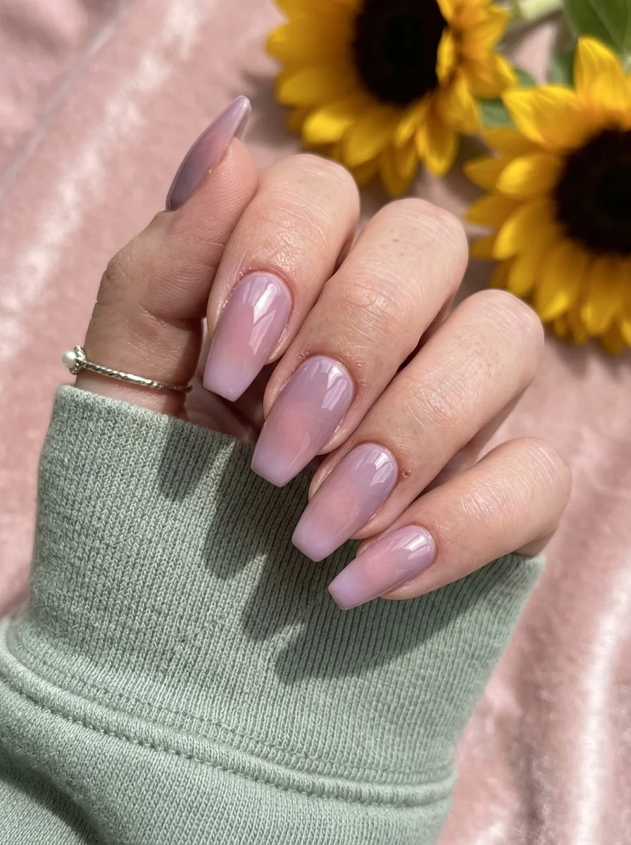 Coffin nails with a sheer milky pink to soft lavender ombre gradient.