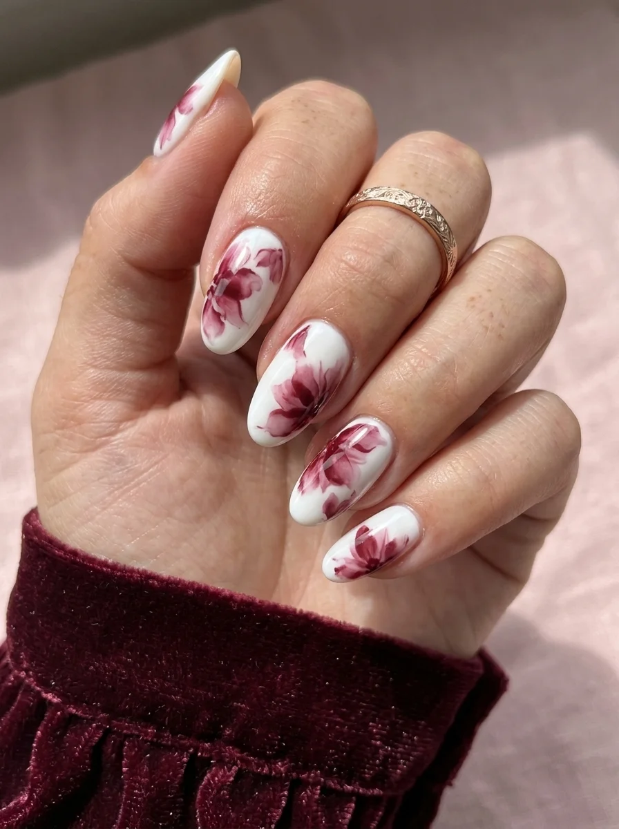 Almond nails with a white base and burgundy-mauve watercolor-style floral paintings.