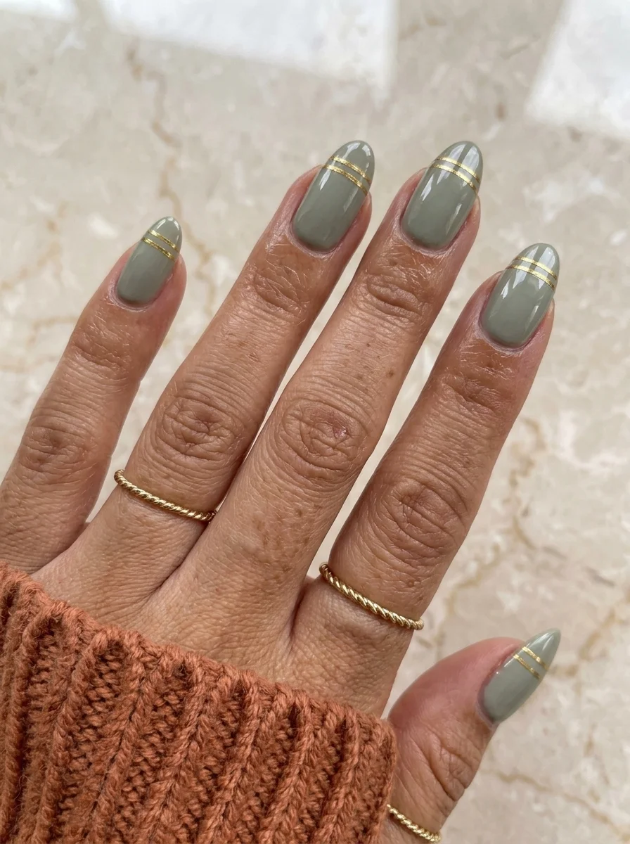 Almond nails with a sage green base and thin gold metallic stripe accents near the tips.