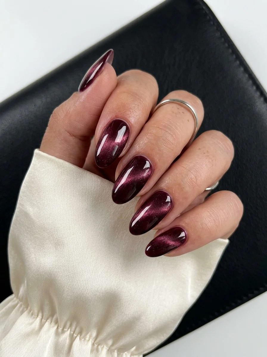 Almond nails with a deep burgundy cat-eye magnetic polish showing a concentrated diagonal shimmer band.