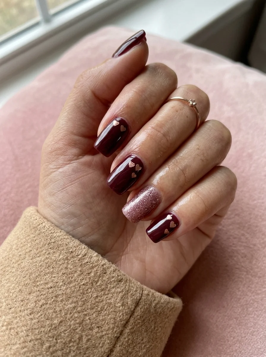 Square nails with deep burgundy polish, rose gold heart accents, and a rose gold glitter accent nail.
