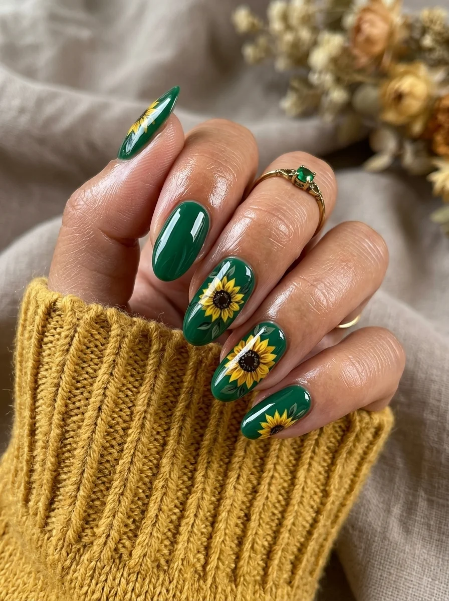 Almond nails with a deep forest green base and hand-painted sunflowers with yellow petals and brown centers.