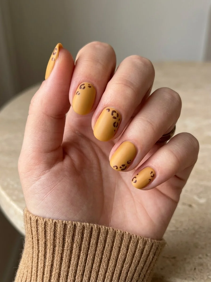Mustard yellow nails with leopard print