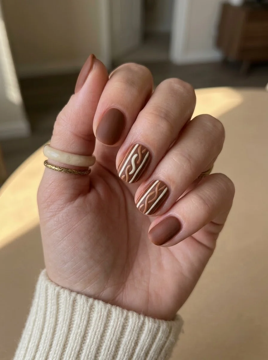 Matte brown nails with cream and caramel line art