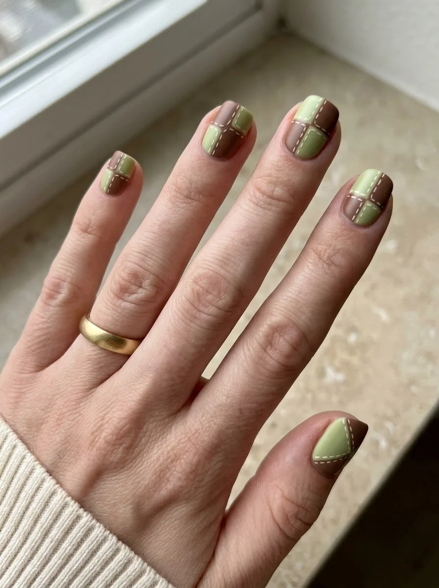 Sage and brown color block nails with stitched grid detail