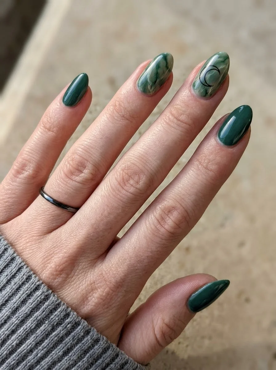 Deep green nails with jade marble and crescent moon accent