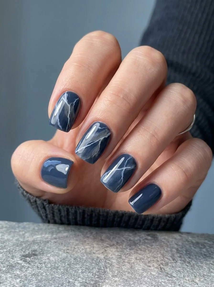 Slate blue nails with white marble vein design