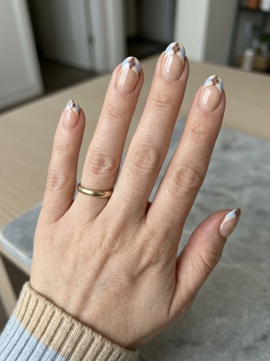 Nude nails with soft argyle french tip design