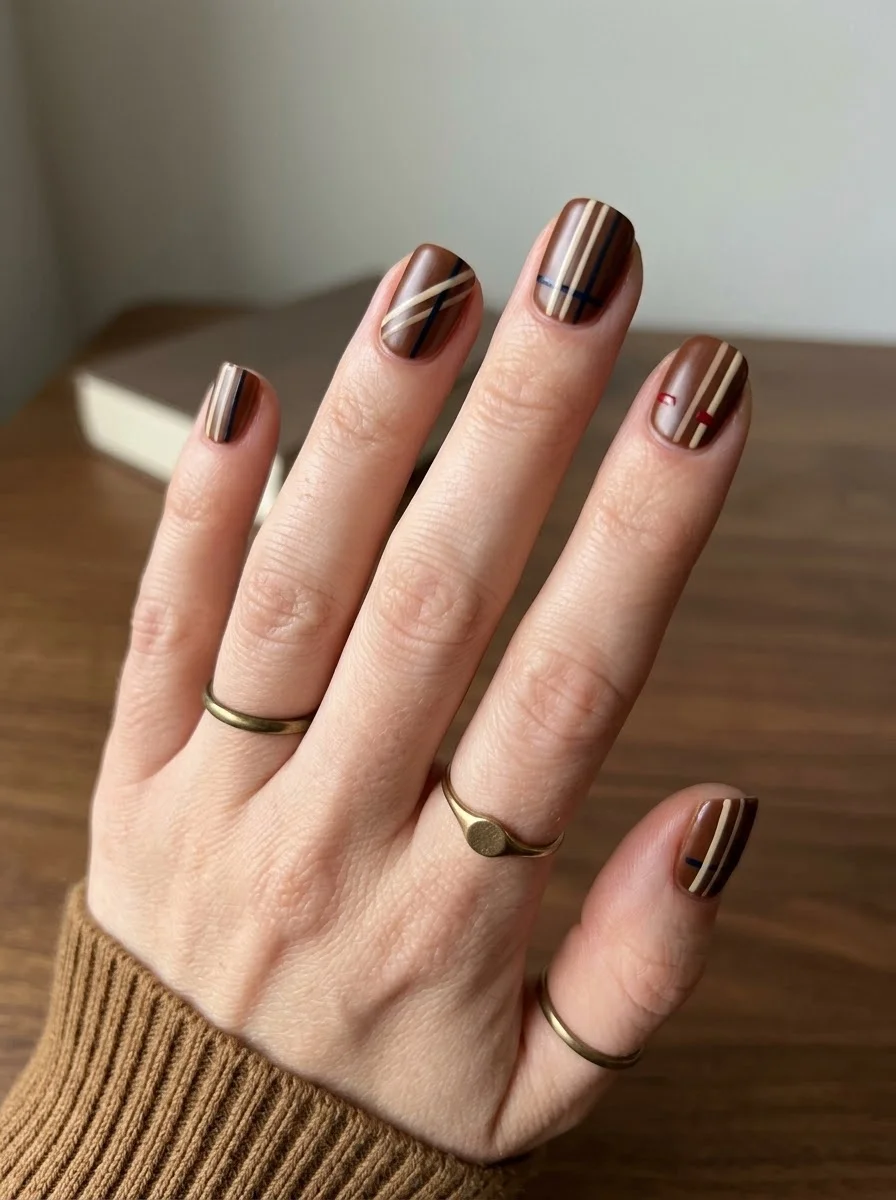 Brown nails with cream tan and black striped detail