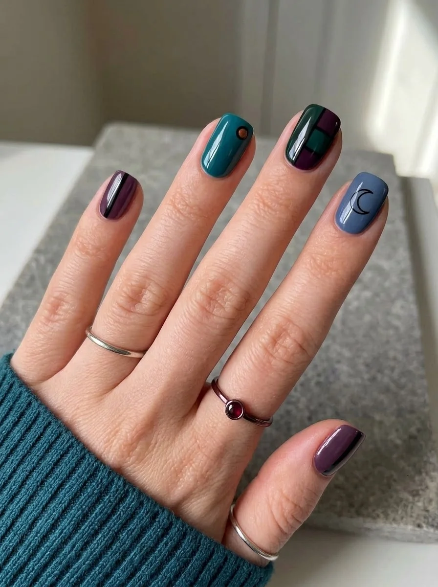 Mixed teal purple and periwinkle nails with plaid and moon accent