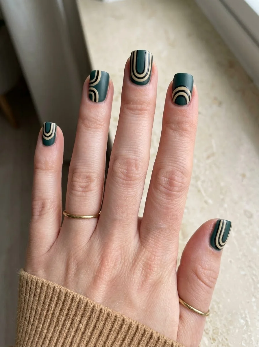 Matte dark green nails with beige arched design
