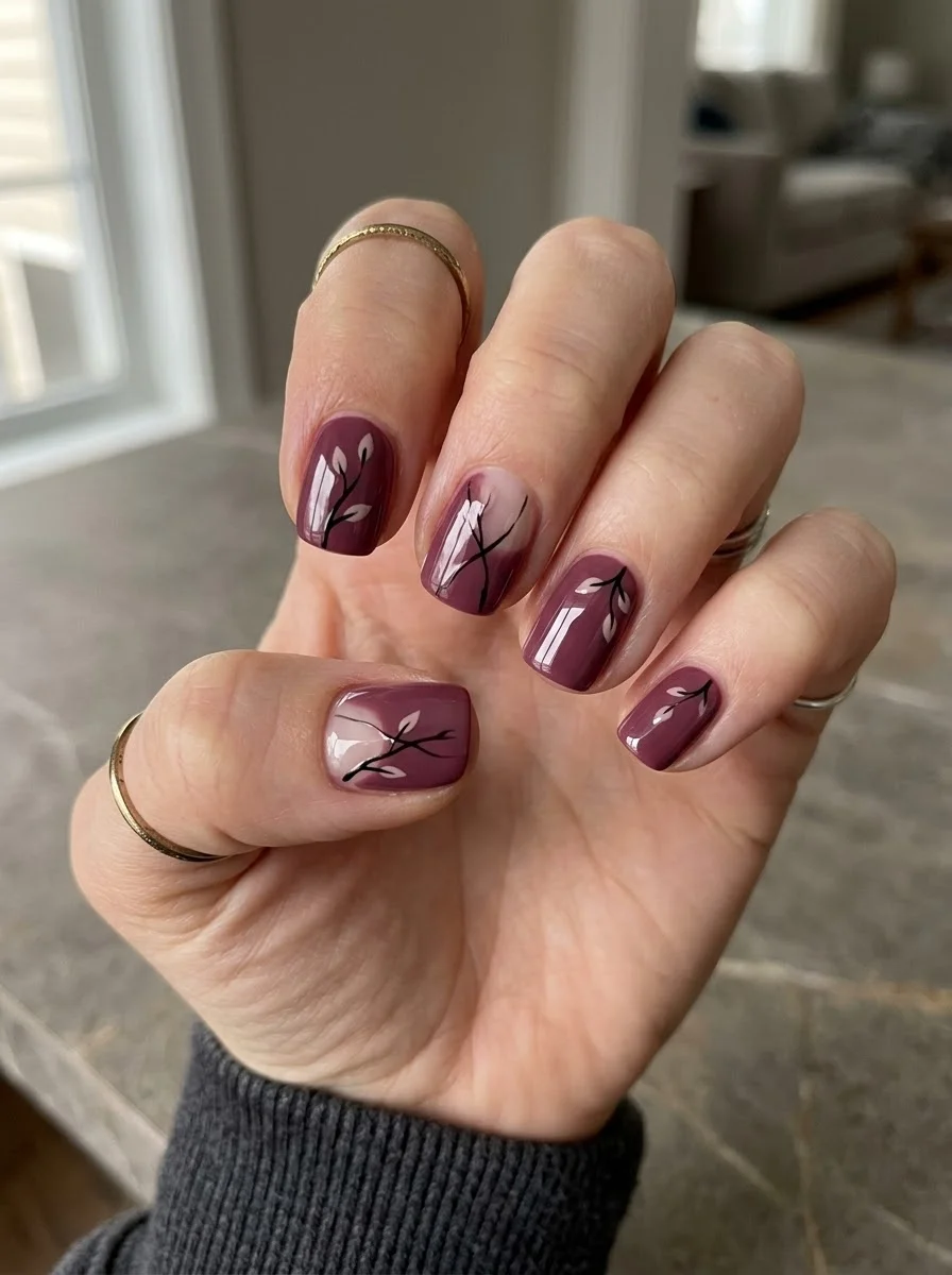 Soft Plum Botanical mauve nails with branch art