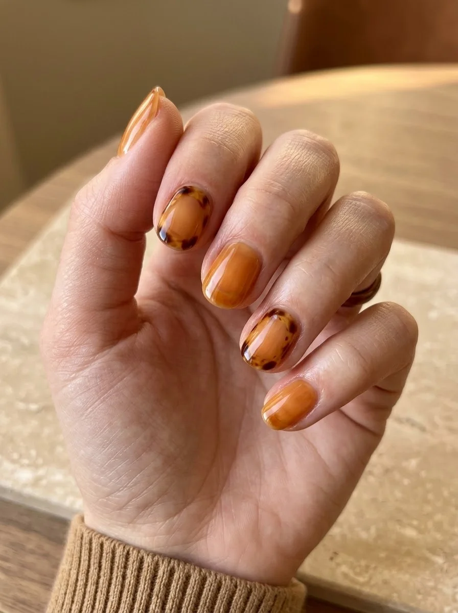 Orange nails with tortoiseshell accent