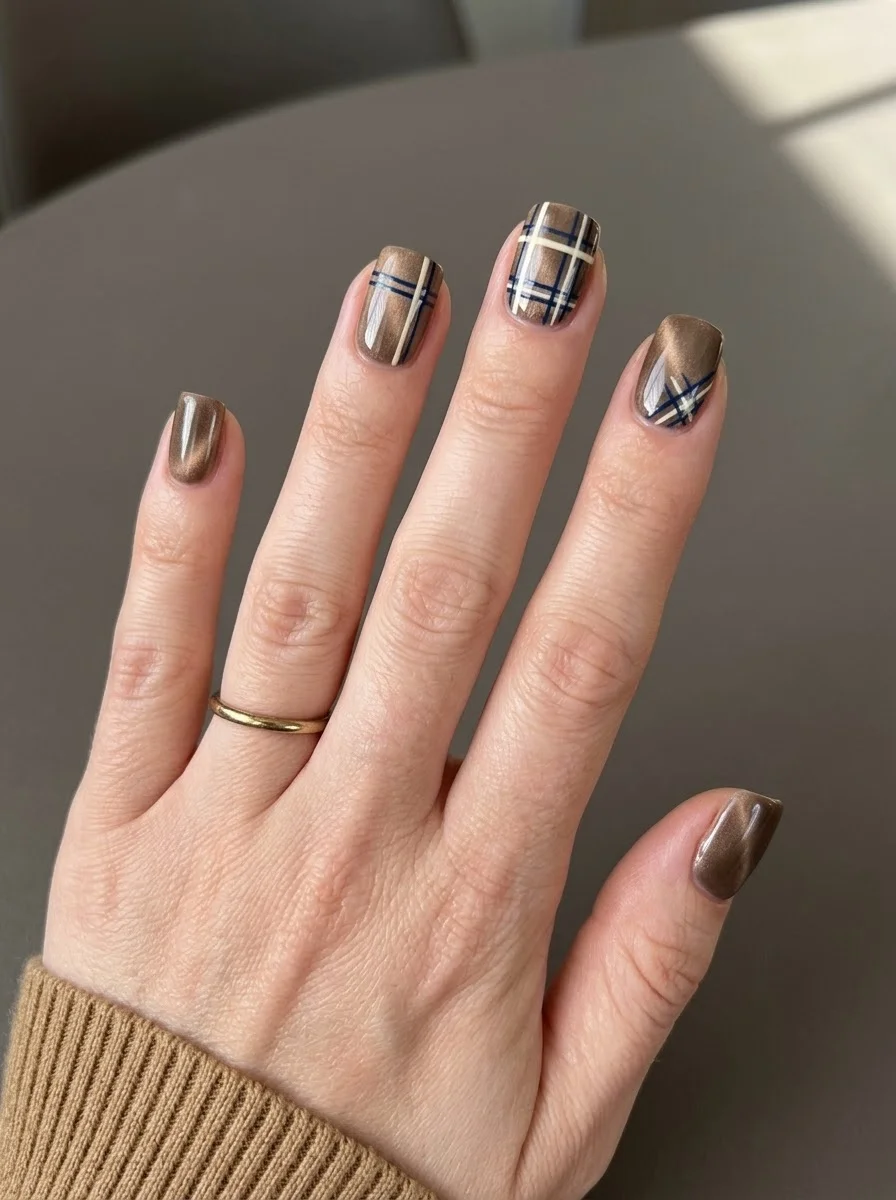 Brown swirl nails with plaid french tips