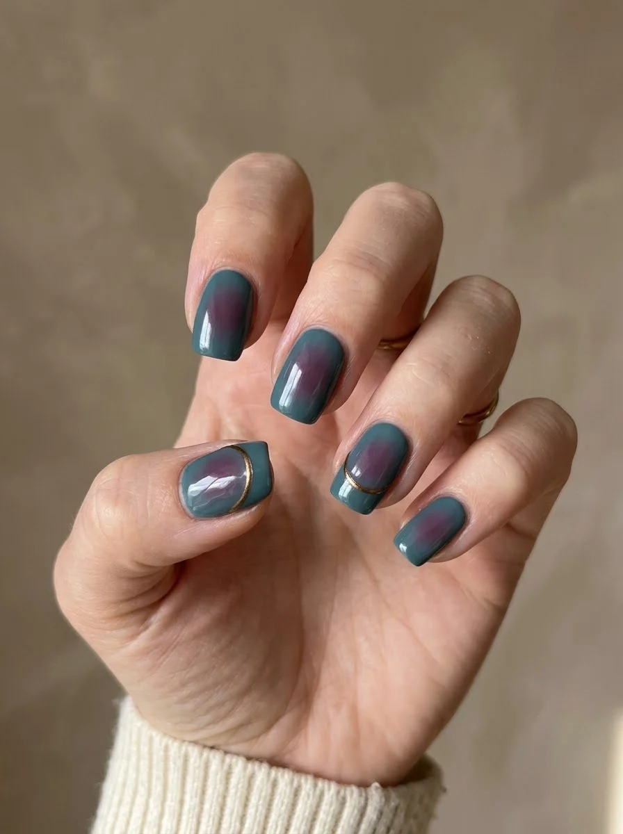 Teal and burgundy ombre nails with gold crescent accent