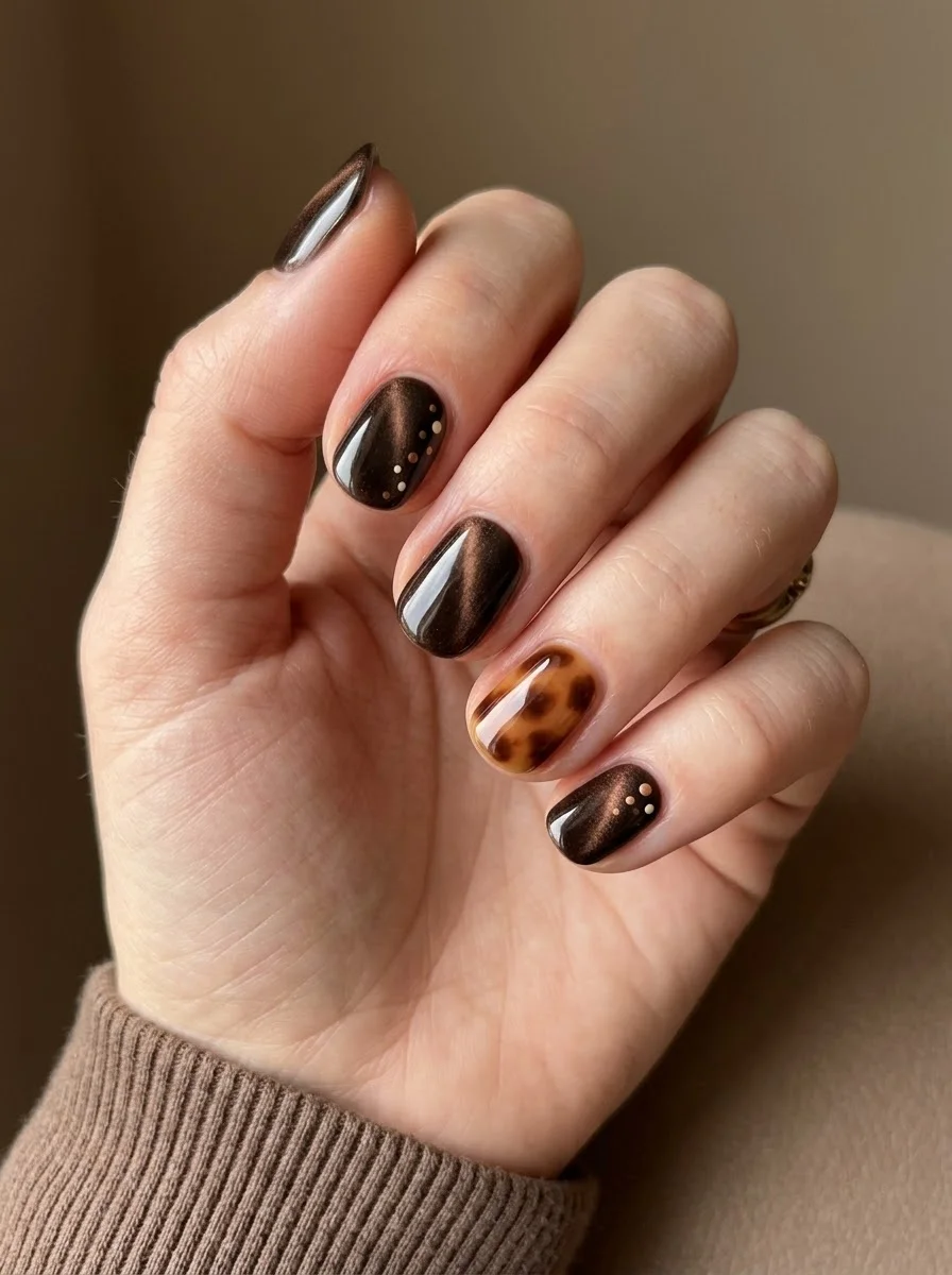Brown swirl nails with tortoiseshell accent and gold dot accent