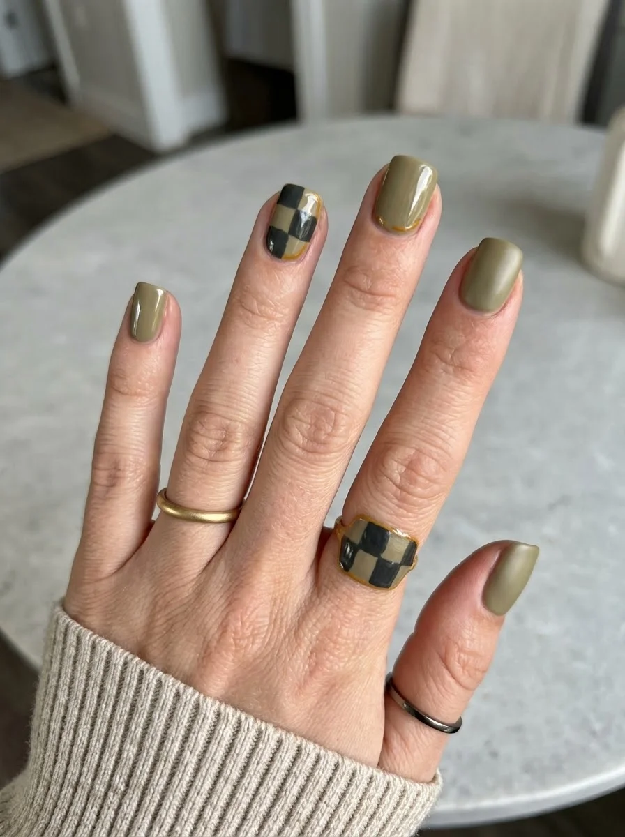 Olive green nails with black and tan plaid accent