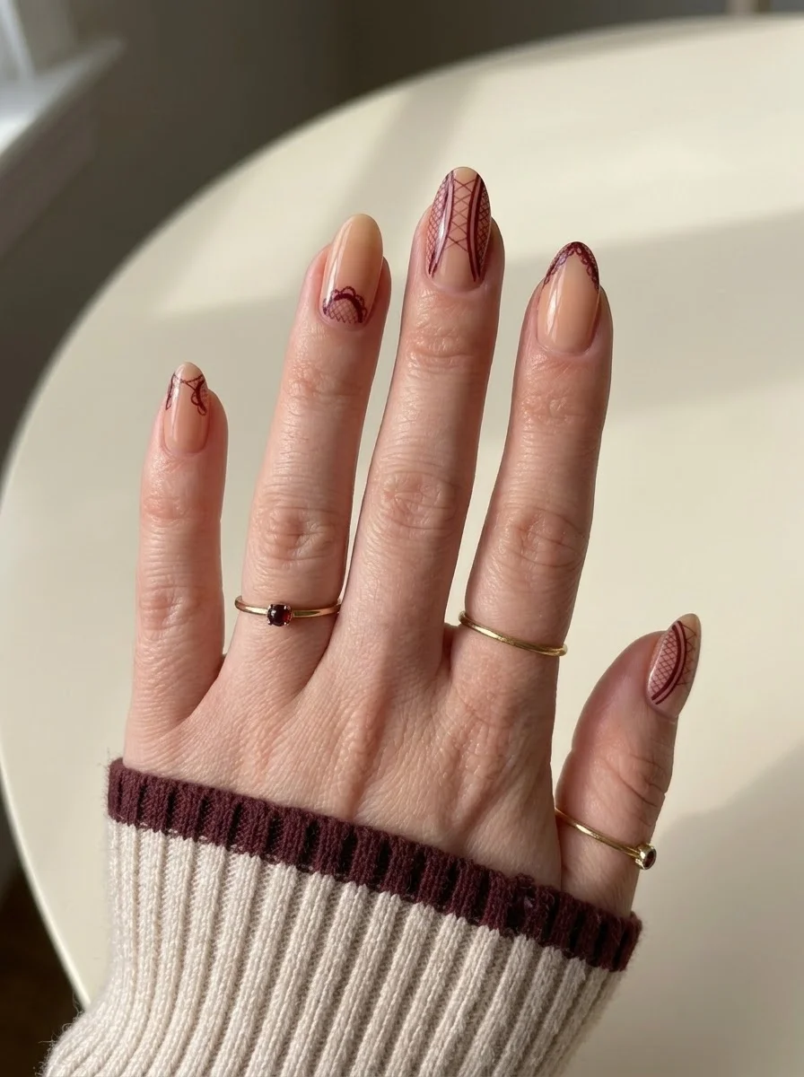 Nude nails with burgundy lace design