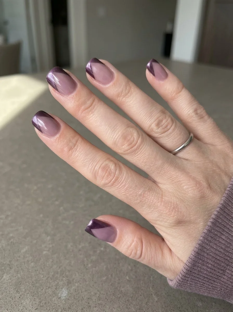 Sheer purple nails with metallic purple french tips