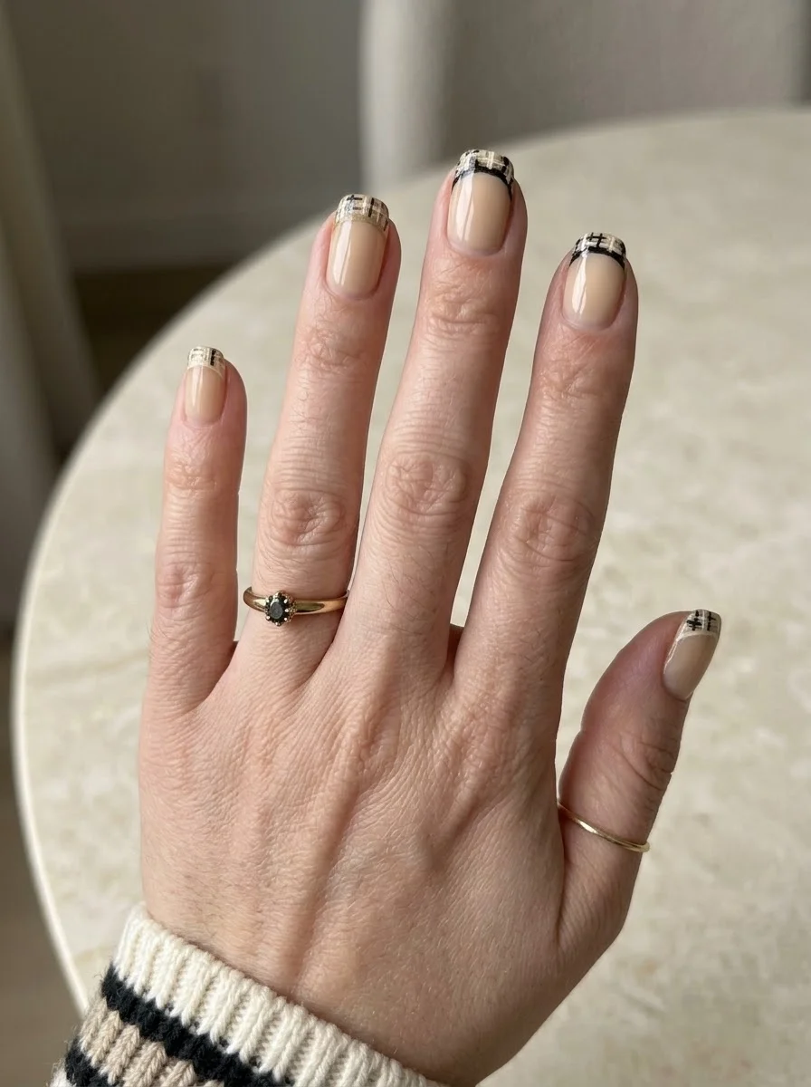 Nude nails with black and tan plaid french tips