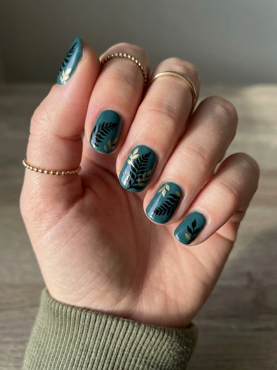 Teal nails with gold leaf design