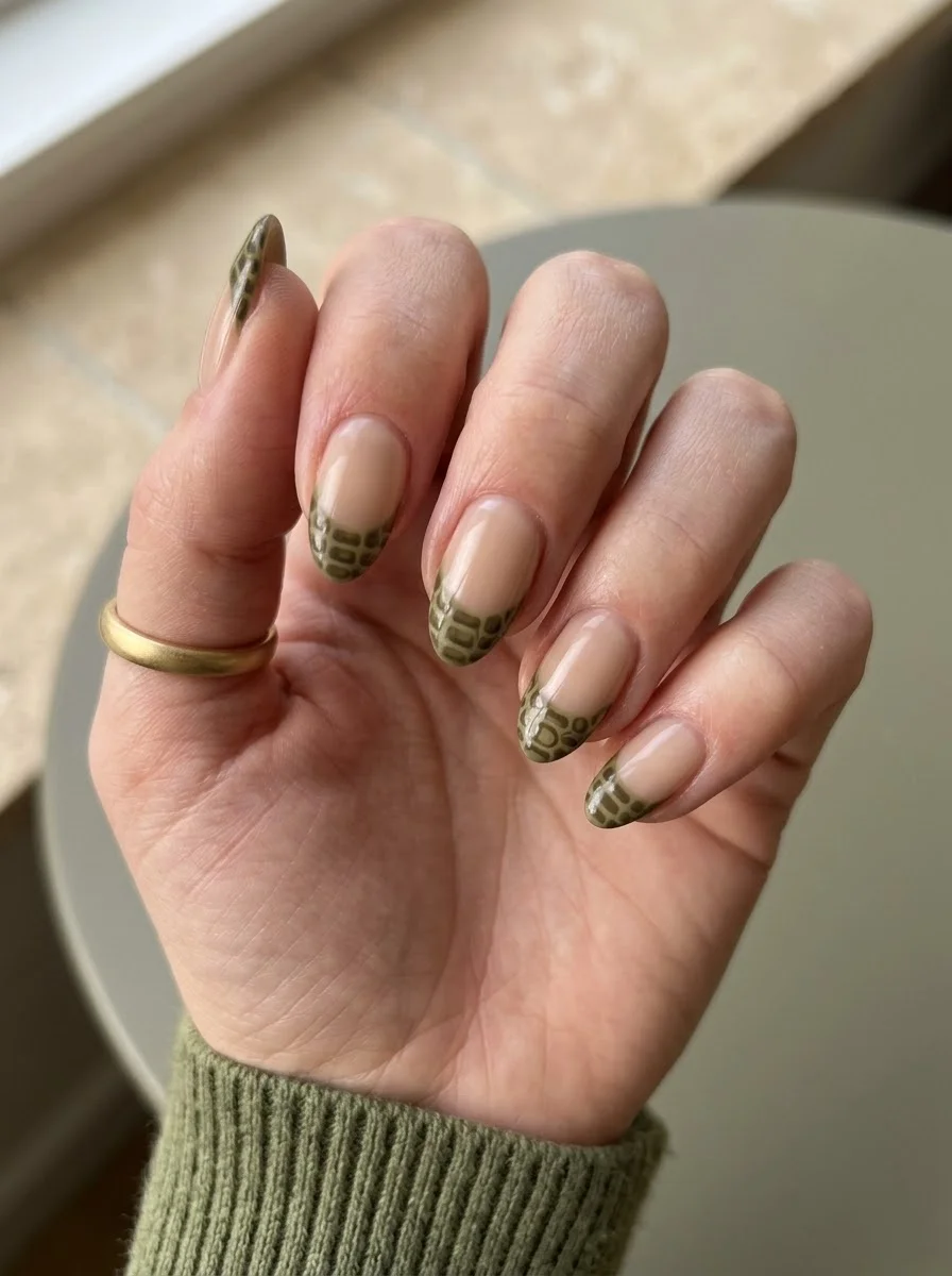 Nude nails with green crocodile french tips