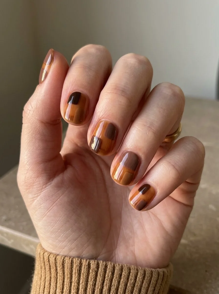 Brown and tan plaid nails
