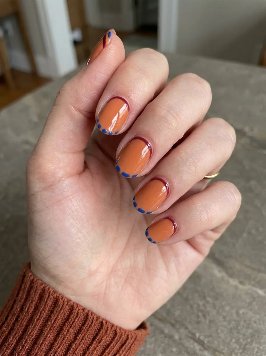 Orange nails with blue dot french tips and burgundy line accent