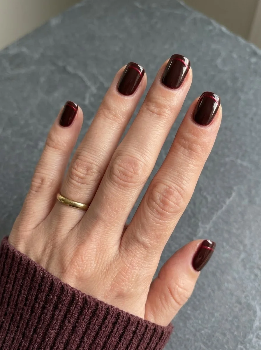 Dark brown nails with thin burgundy line french tips