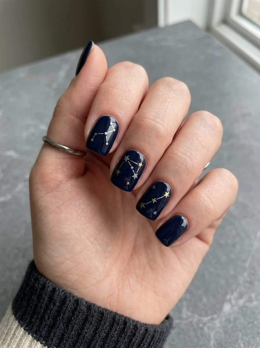 Dark blue nails with gold constellation design