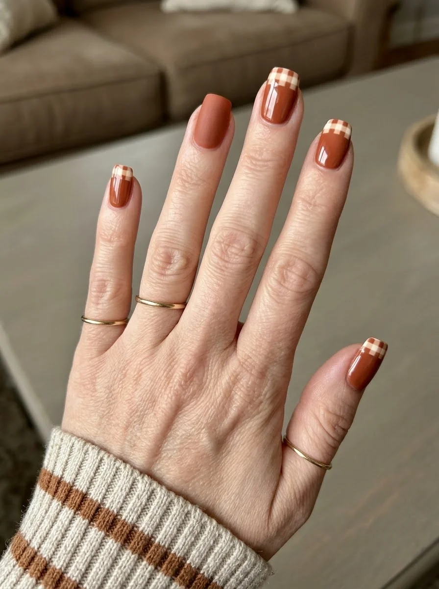 Matte brown nails with gingham french tips