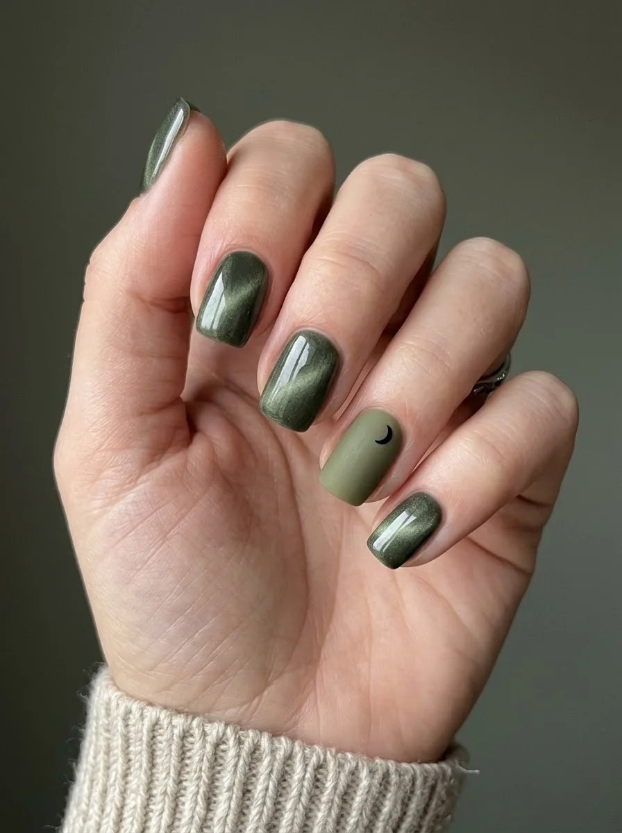Olive green cat-eye nails with a solid matte accent nail featuring a crescent moon