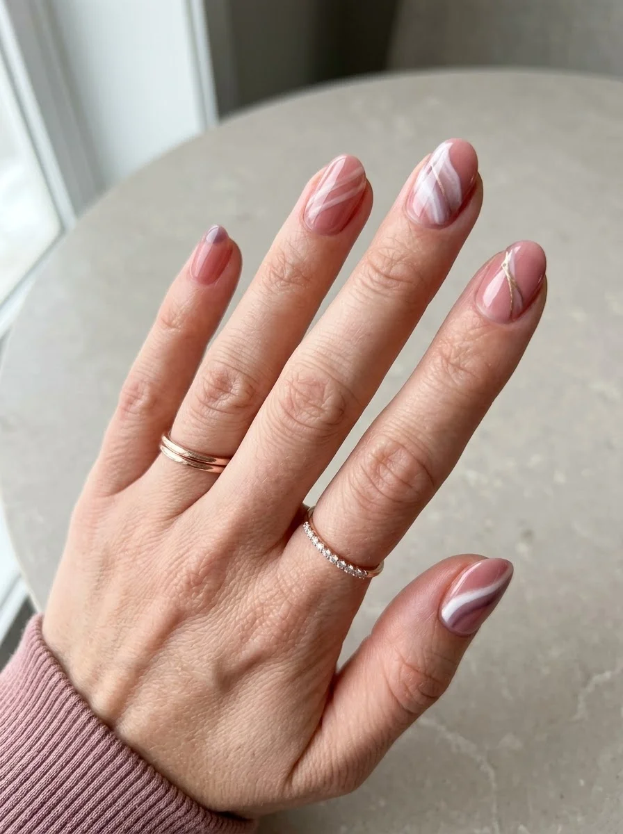 Nude pink nails with white swirl design gold stripe accent