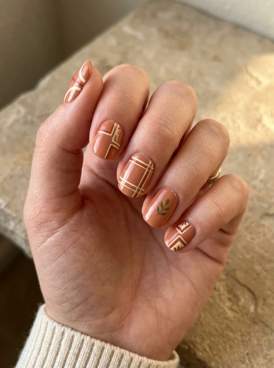Terracotta nails with white plaid design leaf accent